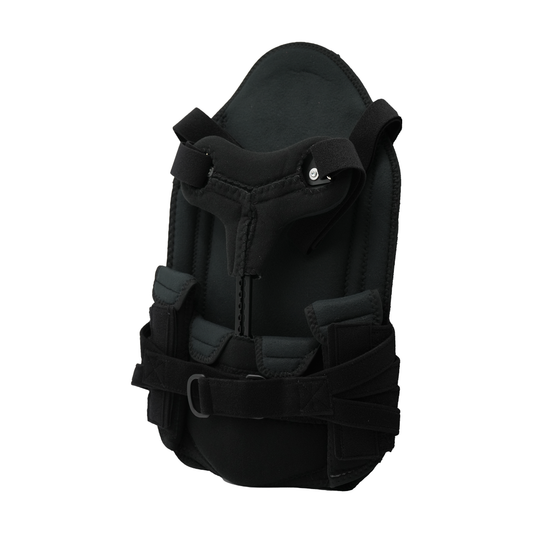 Black short front TLSO back brace with adjustable straps and padded interior lining.