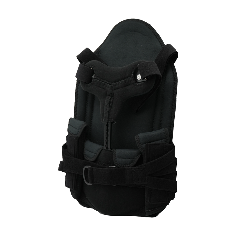 Black Short Front TLSO back brace with adjustable straps and padding, made in the USA by RCAI.