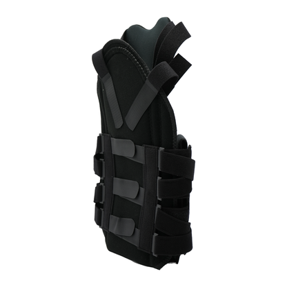 Black short front TLSO brace with adjustable wide straps and rigid side panels.
