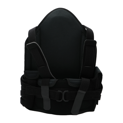Black short front TLSO spinal brace with adjustable straps and padded support panel.