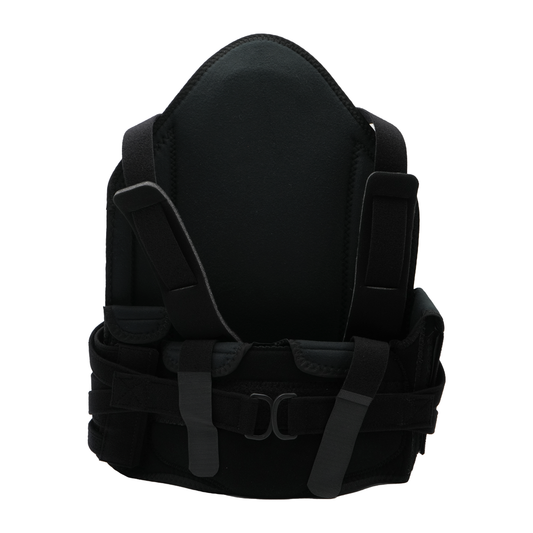 Black short front TLSO spinal brace with adjustable straps and padded support panel.