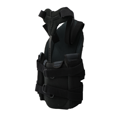 Black short front TLSO back brace with adjustable shoulder and waist straps.