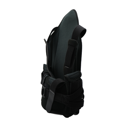 Black rigid TLSO back brace with adjustable straps and padded front panel, short front design.