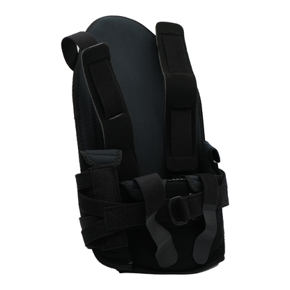 Black short front TLSO back brace with adjustable straps and cushioned support panels.