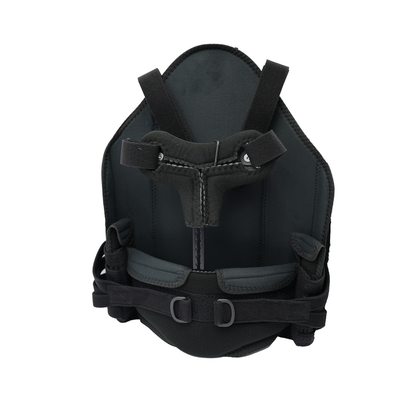 Black front-close TLSO back brace with adjustable straps and cushioned support panels.
