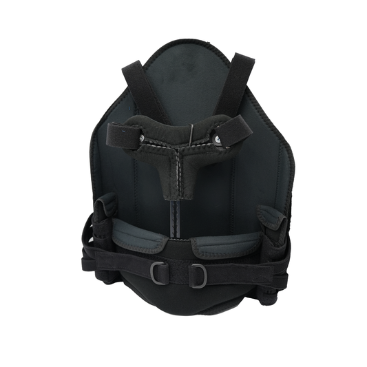 Black front-close TLSO back brace with adjustable straps and cushioned support panels.