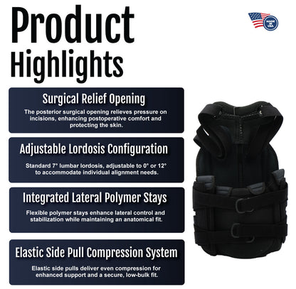 Short Front TLSO brace with surgical relief opening, adjustable lordosis, lateral polymer stays, and elastic side pull.