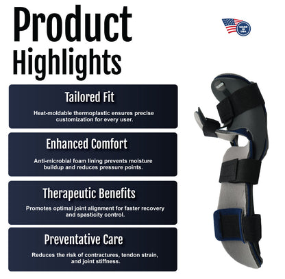 Dorsal resting hand orthosis with adjustable black straps and molded thermoplastic design.
