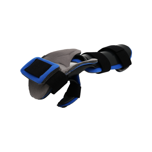 Gray and blue dorsal hand orthosis with finger separators and adjustable black straps.