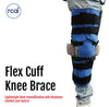 Blue Flex Cuff Knee Brace with black adjustable straps and padding, designed for lightweight immobilization, made in the USA .