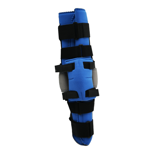 Blue and gray knee brace with black adjustable straps and reinforced padding.