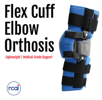 Blue and black adjustable elbow orthosis with rigid support and multiple fastening straps.