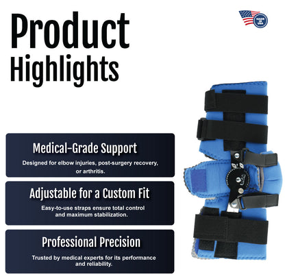 Black and blue lightweight elbow orthosis with adjustable straps and hinge for custom support.