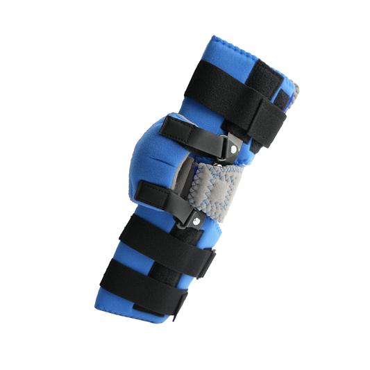 Blue and black adjustable elbow orthosis with multiple straps and metal hinge support.