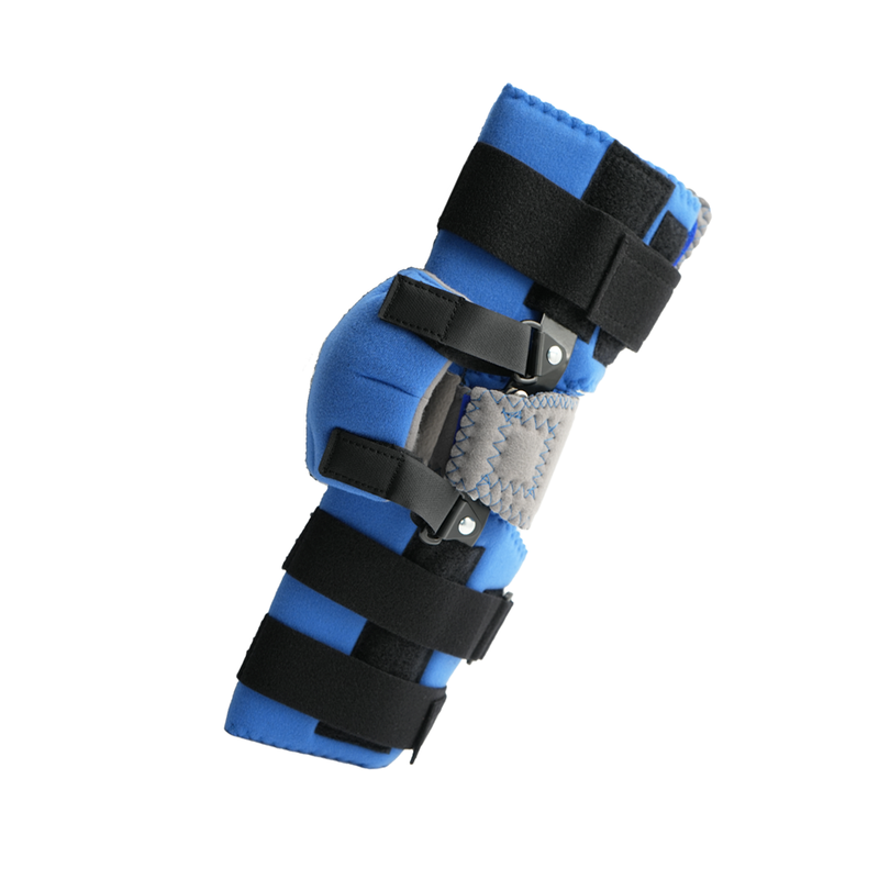 Blue Flex Cuff elbow orthosis with black adjustable straps, metallic hinge, and breathable padding, made in the USA by RCAI.