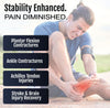 Man in athletic wear sitting on ground, holding red foot highlighting pain areas for plantar flexion, ankle, Achilles.
