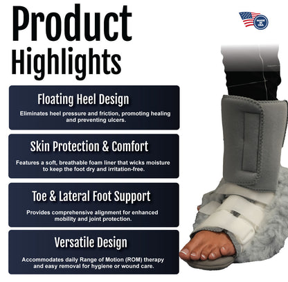 Product highlights panel with text detailing floating heel design, skin protection, foot support, and versatile design.