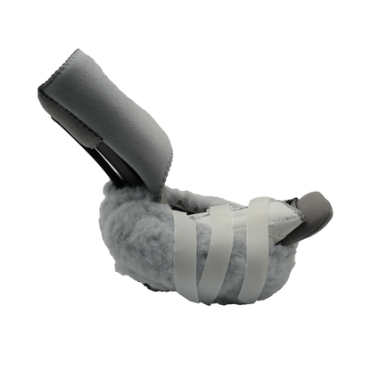 Gray padded orthopedic back posture support with soft fleece lining and adjustable white straps.