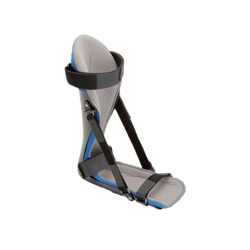 Gray and blue plantar fasciitis night splint with adjustable black straps and padded ankle support.