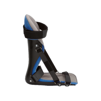 Black and blue plantar fasciitis night splint with adjustable straps and cushioned interior lining.