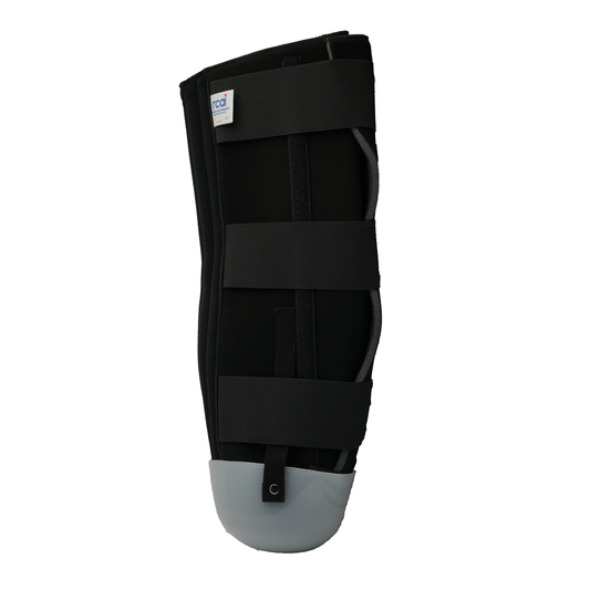 Black below-knee rigid dressing protector with three adjustable straps and a gray rounded foot cap.