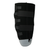 Black below knee amputee rigid dressing protector with adjustable hook-and-loop straps, curved for leg fit, featuring a gray .