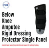 Black below knee amputee rigid dressing protector single panel with three adjustable straps and a gray padded foot section,.
