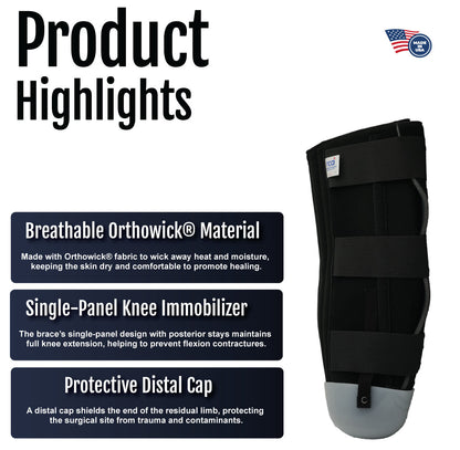Black single-panel below knee amputee rigid dressing protector with adjustable strap and breathable fabric label.