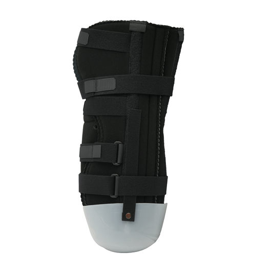 Black below-knee rigid dressing protector with multiple adjustable straps and tri-panel design.