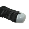 Black below knee amputee rigid dressing protector with tri-panel design and adjustable straps, made in the USA, RCAI logo.
