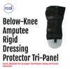 Black below-knee amputee rigid dressing protector with tri-panel design and adjustable straps, made in the USA by RCAI.