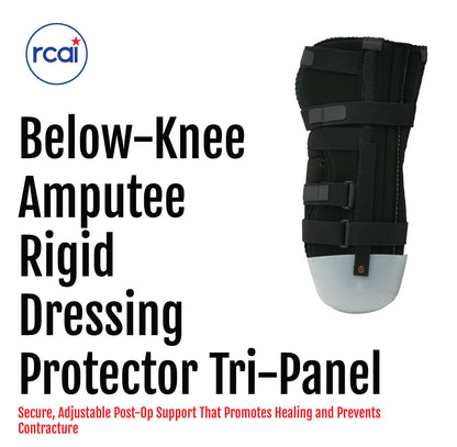Black Below Knee Amputee Rigid Dressing Protector with adjustable tri-panel straps and padded interior.