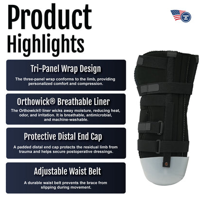 Black below knee amputee rigid dressing protector with three adjustable straps and breathable liner, featuring a padded.