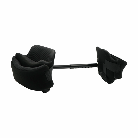 Black adjustable abduction bar with padded leg supports connected by a central telescoping metal rod.