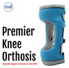 Blue RCAI Premier Knee Orthosis with gray trim and adjustable black straps, made in the USA logo visible.