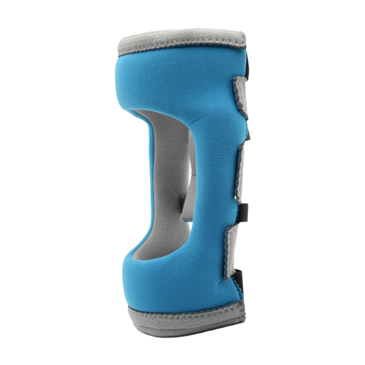 Blue foam knee orthosis with gray edges and adjustable black hook-and-loop straps.