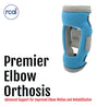 Blue Premier Elbow Orthosis with gray trim, open design for elbow joint, made in the USA, RCAI logo visible.