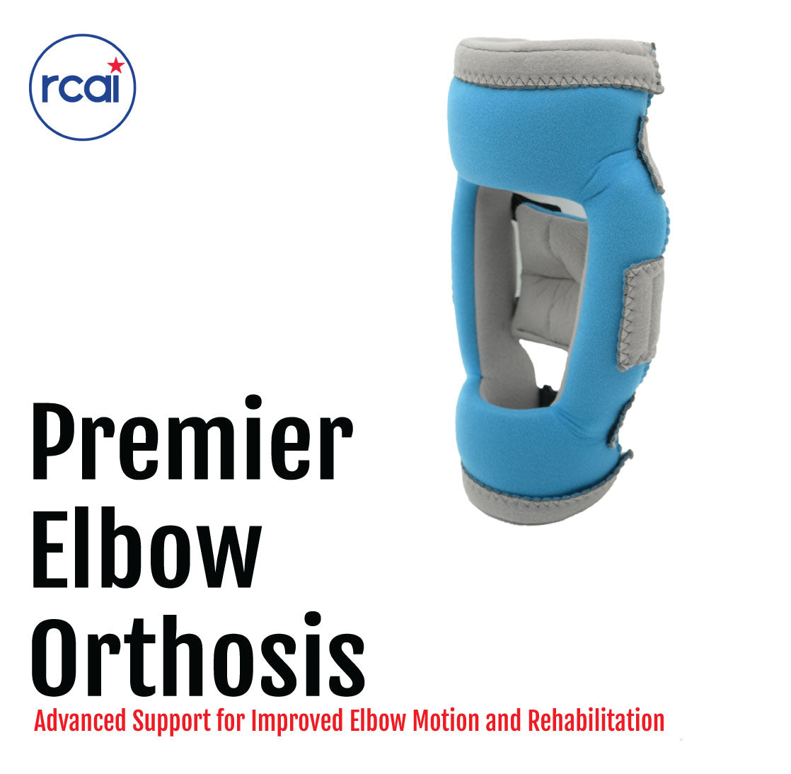Blue Premier elbow orthosis with gray trim, adjustable straps, and open elbow design.