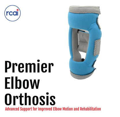 Blue Premier elbow orthosis with gray trim, adjustable straps, and open elbow design.