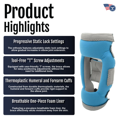 Gray and blue Premier Elbow Orthosis with adjustable thermoplastic humeral and forearm cuffs and breathable liner.