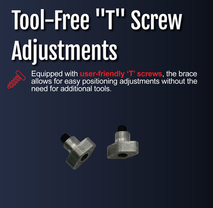 Two metallic tool-free "T" screws for easy adjustments on Premier Elbow Orthosis, close-up view.