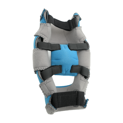 Blue and gray elbow orthosis with multiple black adjustable straps and padded support.
