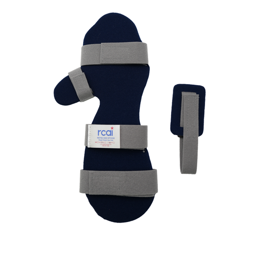 Navy blue resting hand orthosis with gray adjustable straps and separate small strap accessory.