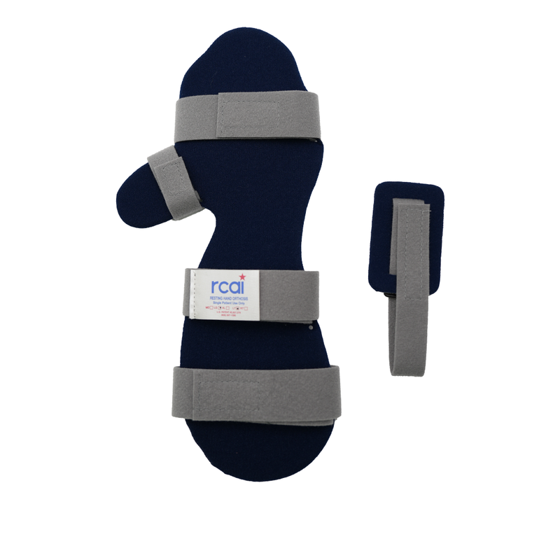 Navy blue resting hand orthosis with gray adjustable straps and white branded label, plus separate gray strap accessory.