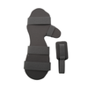 Gray foam resting hand orthosis with three adjustable black straps and separate padded finger splint.
