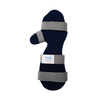 Navy blue resting hand orthosis with three adjustable gray straps and rccai label.