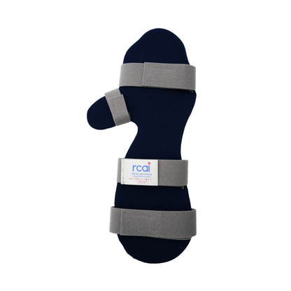 Navy blue resting hand orthosis with three adjustable gray straps and rccai label.