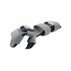 Gray and navy resting hand orthosis with adjustable velcro straps, made in the USA, RCAI certified.