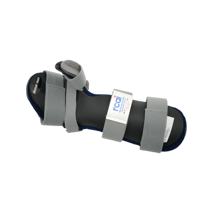 Gray and black resting hand orthosis with adjustable velcro straps and padded support.