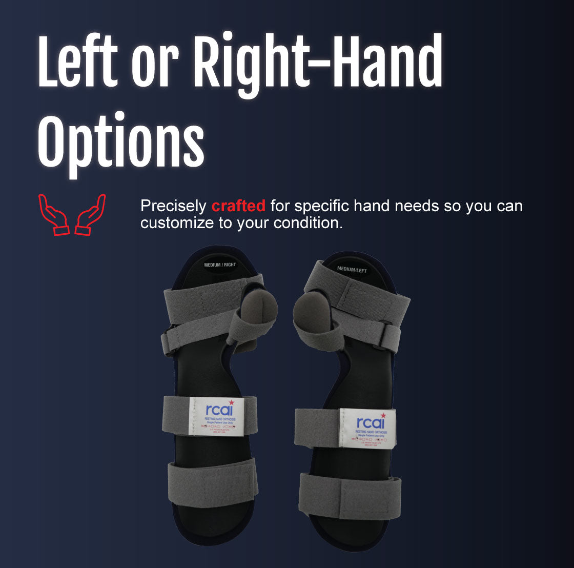 Black adjustable resting hand orthoses with padded support and Velcro straps, shown for left and right hands.